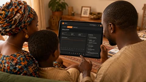 Deux parents et leur enfant regardent ensemble le suivi scolaire sur une tablette, à la maison.